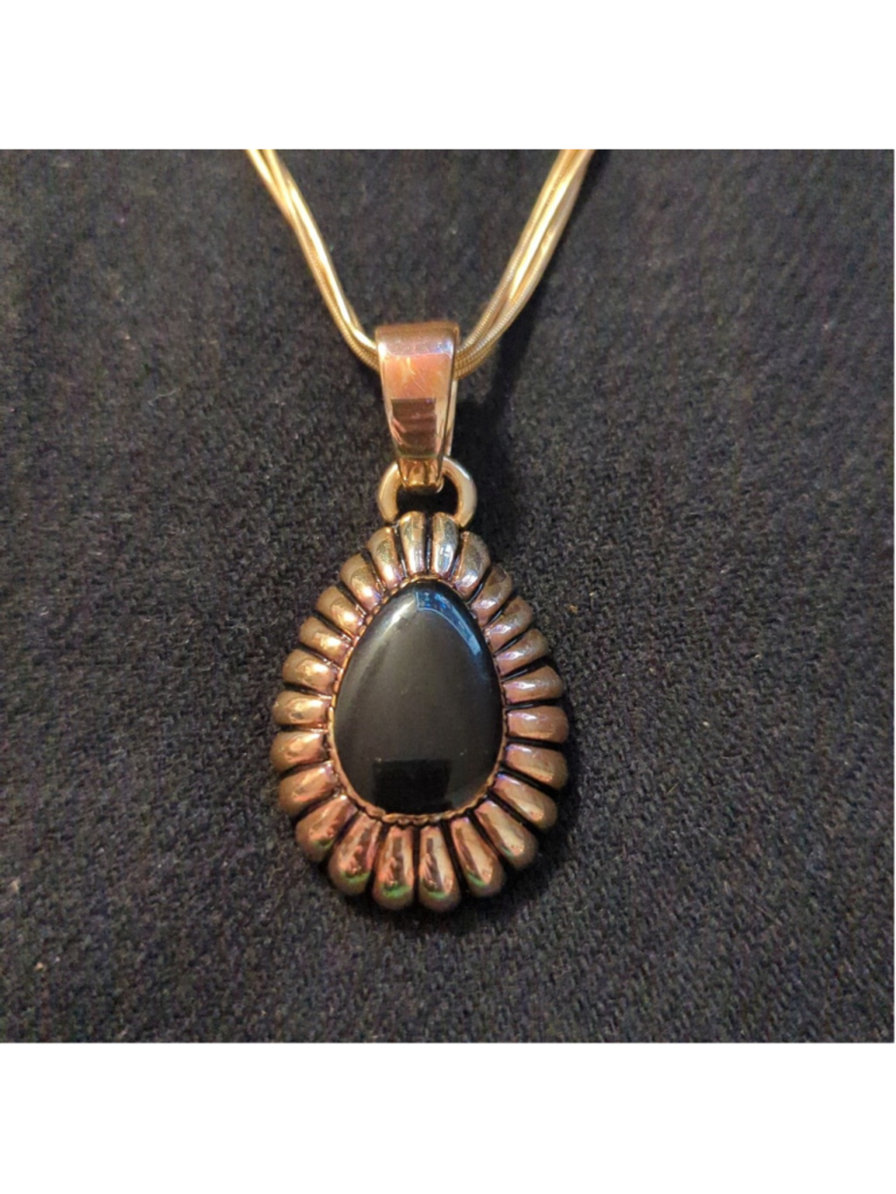 RMN Gold Tone Teardrop Black Enamel Pendant Statement Necklace